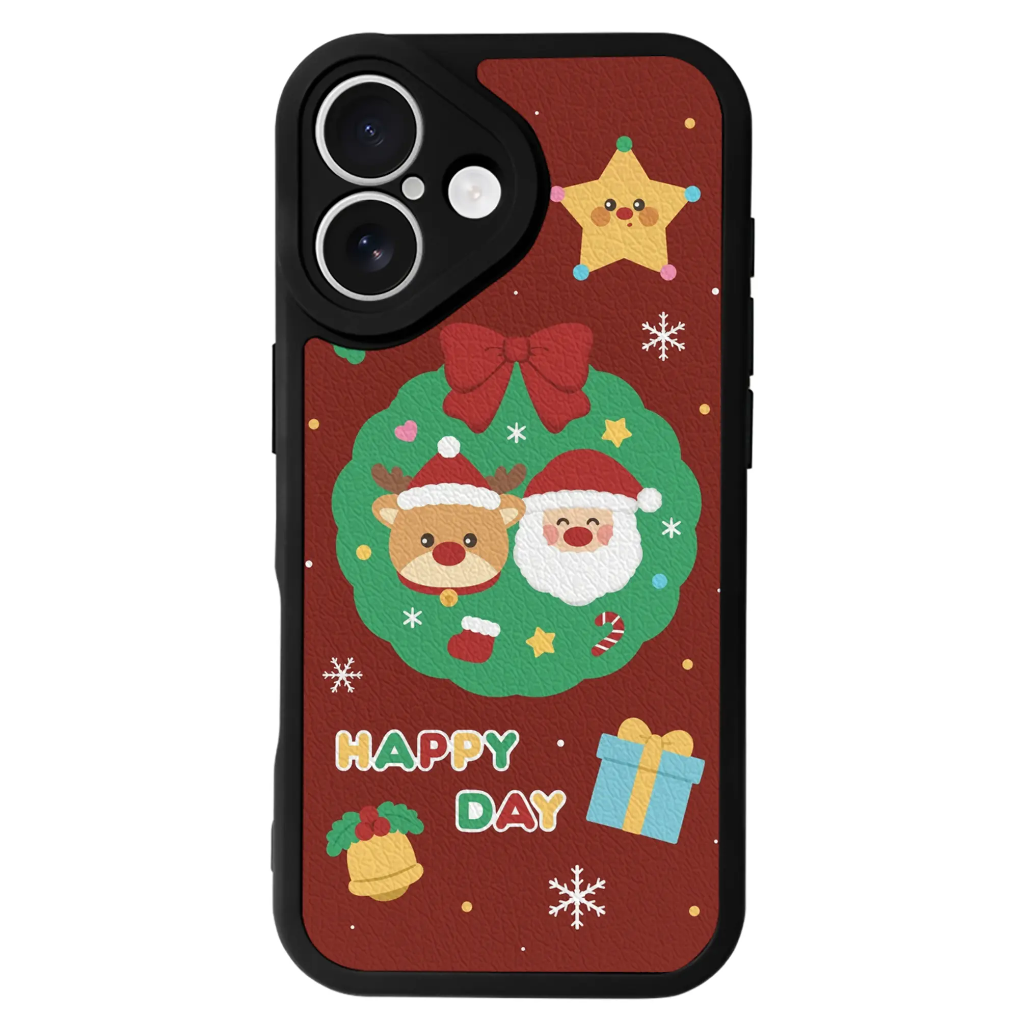 サンタ＆トナカイ柄｜可愛い冬限定デザイン - IPhone 16シリーズ対応 ・ シリコンスマホケース ・ レザー調 ・ 高精度フィット ・ 耐衝撃 ・ ワイヤレス充電対応 ・ 精密カット